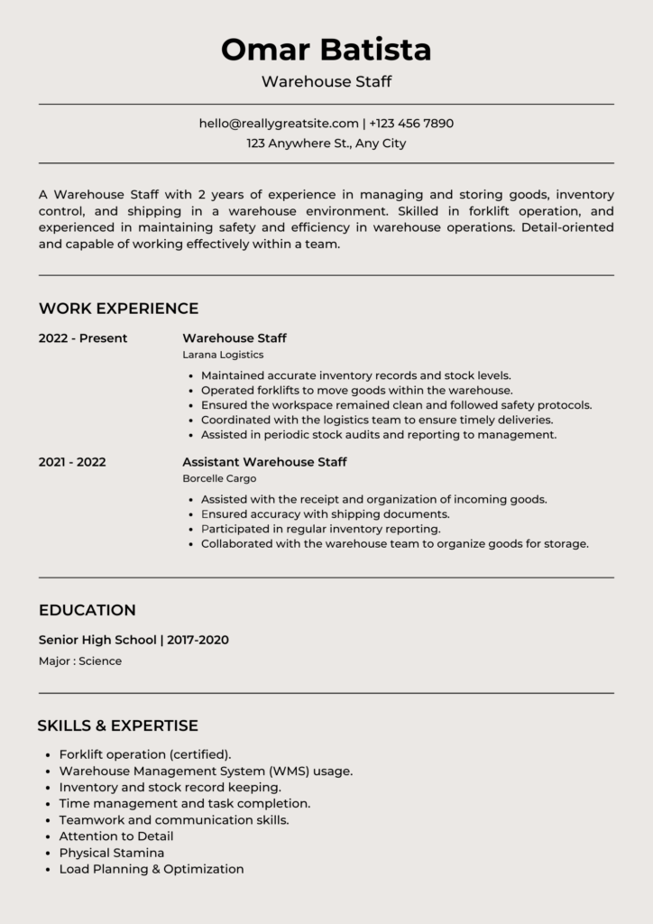 Warehouse Worker Resume