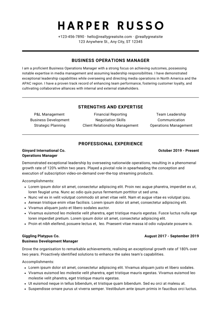 black and white corporate resume