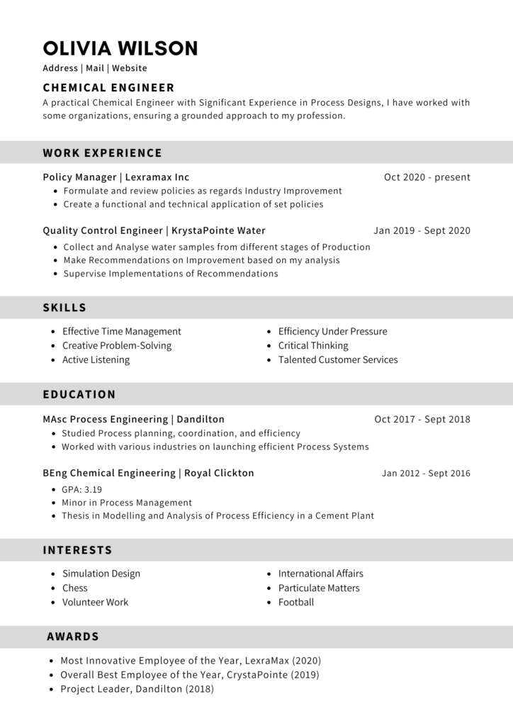 black and white standard professional resume