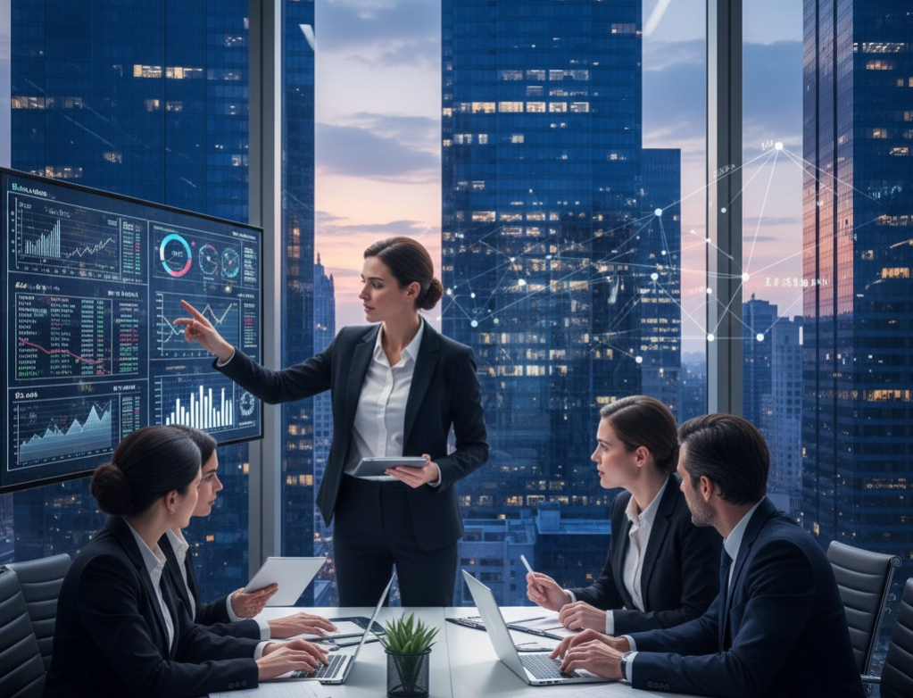 financial district skyline or professionals analyzing charts.