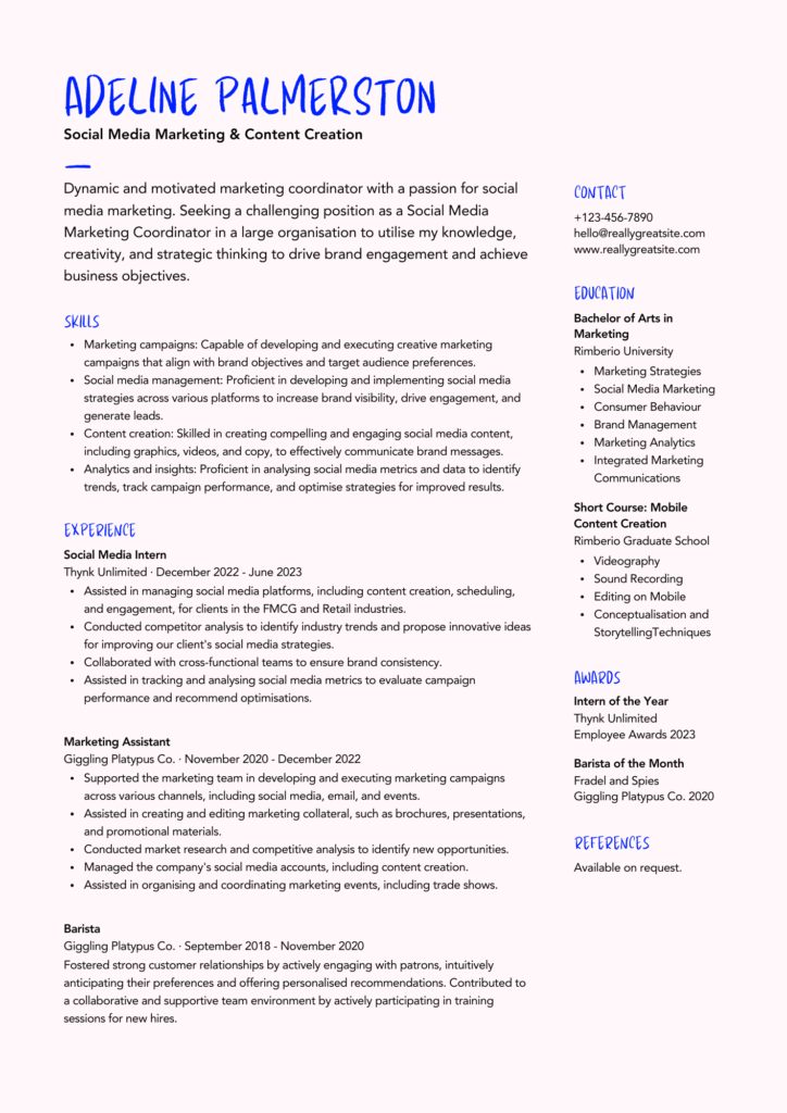 pink blue handwriting simple social media marketing resume