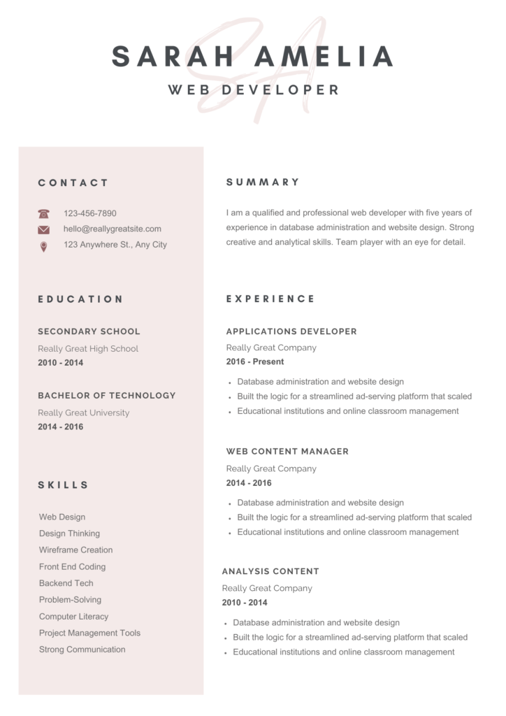 pink minimalist cv resume