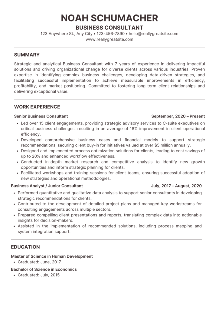 white business consultant resume cv