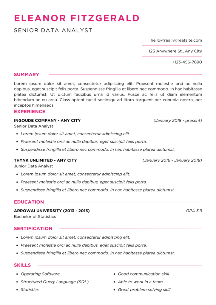 white pink professional resume cv